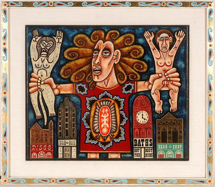 Rex Clawson. The Earth Mother.: 1979. Paint, varnish and mixed media on paper. Signed and dated. Excellent condition. 23" w x 20"h including artist-decorated frame. Est. $1,000-1,500. Ship: $45