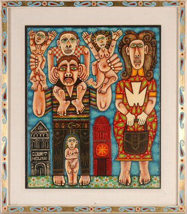 Rex Clawson. Spermatozoonic Father.: 1980. Paint, varnish and mixed media on paper. Signed and dated. Excellent condition. 20" w x 22"h including artist frame. Est. $1,000-1,500. Ship: $45