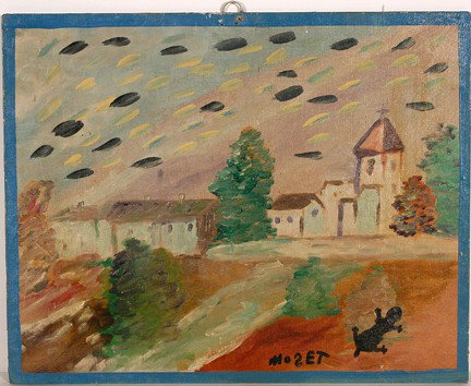 Mose Tolliver. Small Mission.: Oil on canvas panel painted over thrift store art find. 20"w x 16"h. Excellent condition. Provenance: The Lynne Ingram Collection. Est. $200-300. Ship: $35