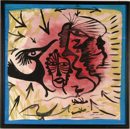 Lonnie Holley. Bird and Sandman.: Watercolor on paper. Not signed. Excellent condition. 28" w x 28"h. Provenance: The George and Sue Viener Collection, Exhibited at The Reading Public Museum, 1999. Est. $600-900. Ship: $55