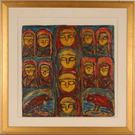 Michel Nedjar. Faces w Red Birds.: Mixed media on cardboard. Not signed. Needs to be re-attached in frame, otherwise excellent condition. Image is 12" w x 12"h. Frame is 18" x 18"h. Provenance: The George and Sue Viener Collection. Est