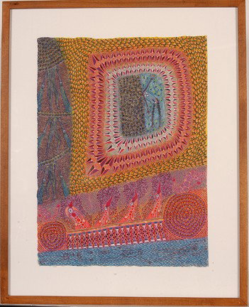 Domenico Zindato. Untitled.: Domenico Zindato (b. Calabrio, Italy). c. 2006. Ink and mixed media on paper. Highly detailed. Signed. Image is 12" x 16". Frame is 17" w x 21"h. Provenance: The George and Sue Viener Collection, Phyl