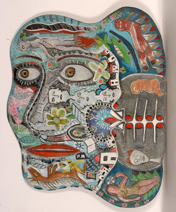 Mario Chichorro. Les Mains.: Mario Chichorro (b. 1932, Lisbon, Portugal). 1978. Carved wood, paint, mixed media relief plaque. Label on verso with artist's name and title. Excellent condition. 37" w x 29"h. Provenance: The George