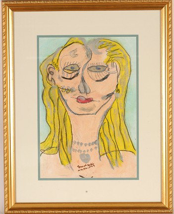 Joseph Hardin. Woman w Yellow Hair.: Paint and crayon on paper. Signed. Excellent condition. Image is 11" w x 16"h. Frame is 19"w x 24"h. Provenance: The George and Sue Viener Collection. Est. $800-1,200. Ship: $45