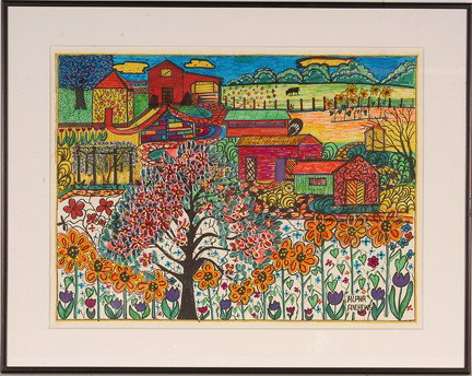 Alpha Andrews. Rural Farm Scene.: Paint on paper. Signed. Excellent condition. Image is 22"w x 16"h. Frame is 29"w x 22"h. Provenance: The George and Sue Viener Collection. Est. $400-600. Ship: $55