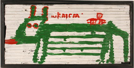 Mary T. Smith. WK MCM.: Paint on found roofing tin. Signed on verso. Nice rare image of animal. Excellent environmental condition. 59" w x 29"h with frame. Est. $1,000-3,000. Ship: $175