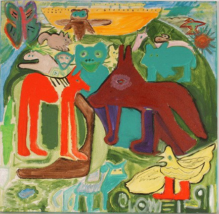 Harold Crowell. Noah's Ark.: Harold Crowell (b. 1952, Salisbury, NC). 1991. Acrylic on canvas. Signed and dated. Excellent condition. 34" x 34". Provenance: The George and Sue Viener Collection, This piece is illustrated on the c