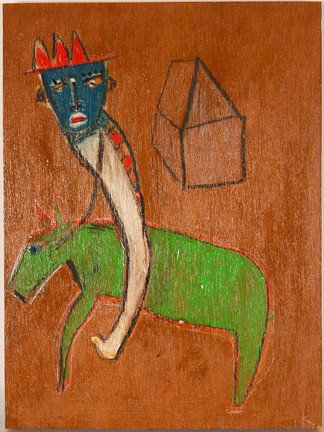 Karl Mullen. Man Riding Green Horse.: Oil on wood. Initialed. 12" w x 16"h. Excellent condition. Est. $300-600. Ship: $35