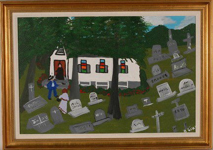 Bernice Sims. Church Graveyard.: Acrylic on canvas. Excellent condition. Rare image, 30" w x 20"h. Frame is 35" w x 25"h. Provenance: Ex. Marshall Hahn, Jr. Collection. Est. $800-1,200. Ship: $55