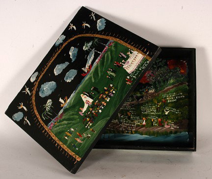 Jessie Cooper. Wedding Box.: Jessie Cooper (b. 1932, Flemingsburg, KY). 1990. The Day All Girls Dream Of Wedding Box. Painted wooden box with scenes on top and inside. Signed and dated. Excellent condition. 15" x 11.5"x 3.5". Pro