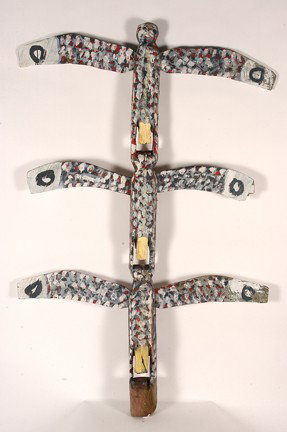 Homer Greene. Three Owl Totem.: Paint on cedar. Early piece, but not signed or dated. 69" h x 5" x 45" w. Provenance: The George and Sue Viener Collection. Est. $500-800. Buyer is responsible for shipping.