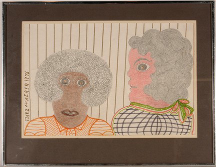 Inez Nathaniel Walker. 2 Women Behind Bars.: 1976. Marker and pencil on paper. Signed and dated. Excellent condition. Image is 18" w x 12"h. Frame is 22" w x 17" h. Provenance: The George and Sue Viener Collection, Exhibted at Seton Hall, 1996, 