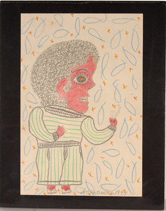 Inez Nathaniel Walker. Smoking Bad Girl.: 1977. Crayon and graphite on paper. Signed and dated. Excellent condition. 8" w x 11"h. Provenance: The Salvatore Scalora Collection. Est. $200-400. Ship: $25