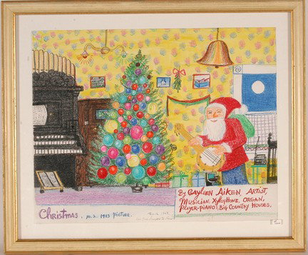 Gayleen Aiken. Christmas.: 1983. Crayon and colored pencil on paper. Signed and dated. Excellent condition. Image is 14" w x 11"h. Frame is 17" w x 14"h. Provenance: The George and Sue Viener Collection. Est. $400-800. Ship: $3
