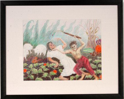 Roger Rice. Cain Slew Abel.: 1996. Paint, pastel and colored pencil on paper. Signed. Excellent condition. Image is 14" w x 11"h. Frame is 21"w x 17"h. Est. $400-600. Ship: $35