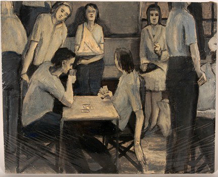 M. Paula Mallery. Womens' Couryard #2 - Card Game.: c. 1940's. Paint on artist board. Signed on verso. Excellent condition. 15.5" w x 12.5"h. Est. $200-400. Ship: $30