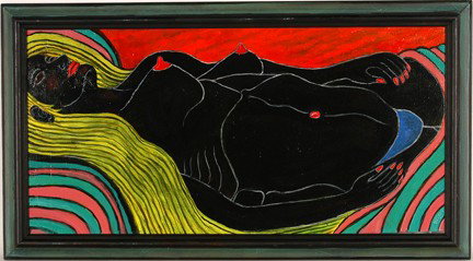 Eric Beckus. Beach Babe.: Acrylic on board. Signed and titled. Excellent condition. Size with frame is 35" w x 20"h. Est. $300-500. Ship: $45