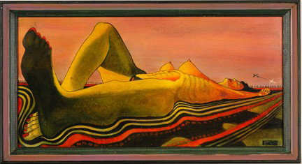 Eric Beckus. Happy Landing.: Acrylic on board. Signed and titled with written explanation on verso. Size with frame is 27" w x 15"h. Excellent condition. Est. $300-500. Ship: $45