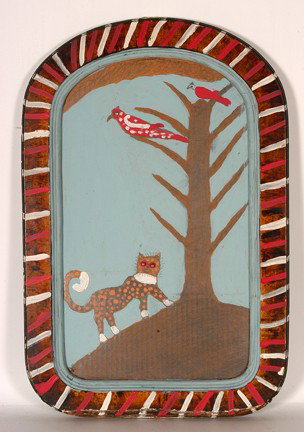 Willie Massey. Cat w Birds In Tree.: Paint and pencil with bead eyes on cardboard with painted wooden frame. Excellent condition. Signed on verso. 16" w x 24"h. Est. $300-500. Ship: $45