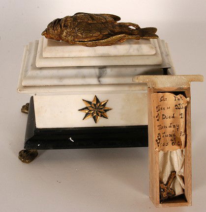 Victorian 1874 Bird Sarcophagus.: Brass and marble mausoleum with date etched on one end and cross and anchor on the other end. There is a blue bird inside with a hand-written note which reads, "Our pet wech died Monday 19 1874 at 7:5