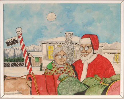 Roy Ferdinand. Mr. and Mrs. Claus.: 1997. Watercolor, paint, marker and ink on poster. Signed and dated. Excellent condition. 29" w x 23"h. Provenance: Dr. Regenia Perry. Est. $400-800. Ship: $55