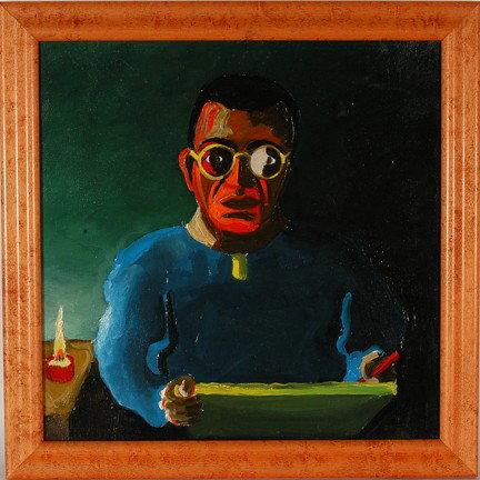 Luciano Ascenzi. Self-Portrait.: Oil on canvas. Image is 16" w x 16" h. Frame is 18" w x 18" h. Minor rub on shoulder, otherwise great condition. Provenance: Judy Saslow Gallery. Est. $800-1,200. Ship: $35