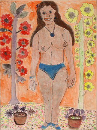 M.C. 5¢ Jones. Topless Woman.: Paint and marker on paper. Signed. Excellent condition. Image is 20" w x 26" h. Provenance: The George and Sue Viener Collection. Est. $300-500. Ship: $45