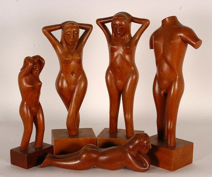Ben Ventina. Five Nudes.: Carved redwood. Not signed. Excellent condition. Tallest is 13" h. Est. $300-500. Ship: $45. Ventina is a California man who claims to have been abducted by aliens who taught him how to carve.