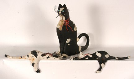 Bruce Murphy. Three Cats.: Carved and painted wood, marble eyes. 1984. Signed and dated. Largest is 19" x 16". Minor repair to smaller cat's tail. Est. $300-500. Ship: $45