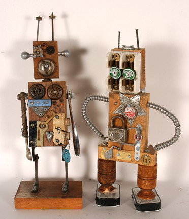 Mark May. Pair of Apebots.: 2003 and 2004. Found and assembled hardware with other mixed media. Great condition. Average size is 18"h. Provenance: The George and Sue Viener Collection. Est. $100-200. Ship: $45