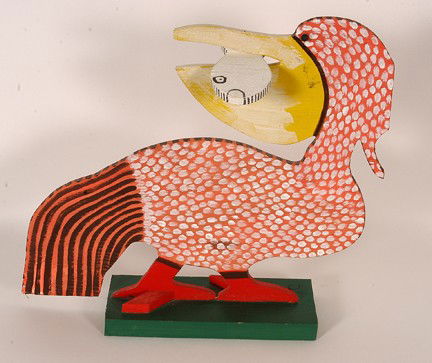 Marvin Finn. Pelican With Fish.: 1990. Carved and painted wood. Signed and dated. Excellent condition. 13" w x 15"h. Provenance: The George and Sue Viener Collection. Est. $200-300. Ship: $45