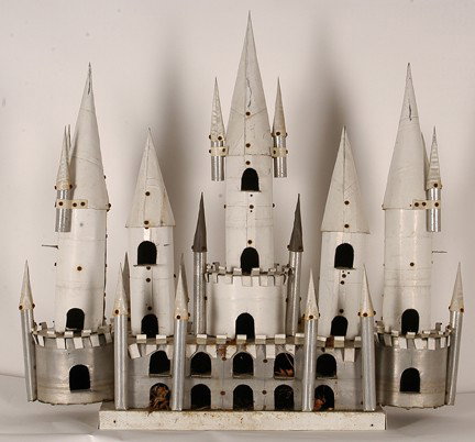 Samuel Mirelez. Castle Birdhouse.: Tin, metal, gutter parts and paint. Excellent environment condition. 35" w x 11"x 32". Provenance: The George and Sue Viener. Est. $200-400. Ship: $150