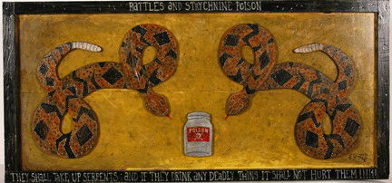 Eric Cunningham. Rattles and Strychnine.: Paint on heavy board with cut outs attached to board and metal nails. 3-dimensional look. Frame is painted with scripture. Excellent condition. Signed. 40" w x 24". Est. $200-300. Ship: $50 - This pie