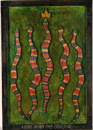 Eric Cunningham. King Among The Corals.: Paint on heavy board with cutout images applied. Signed and titled. Excellent condition. 22.5" w x 32"h. Est. $200-300. Ship: $50