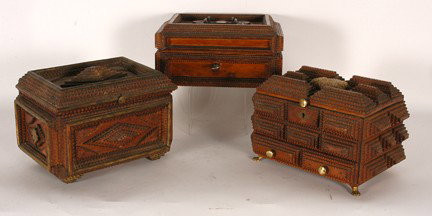 Three Tramp Boxes.: Carved and vanished wood. One is a sewing box, and one is a lock box. Good to great condition. Average size is 10" x 7" x 7". Est. $200-300. Ship: $45