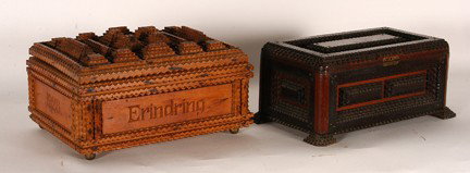 Pair of Tramp Boxes.: One is signed, "Erindring 1928." Great condition. 8" x 11"x 7" average size. Est. $200-300. Ship: $45