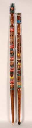 Ball In Cage & Indian Am. Heroes Canes.: Carved, painted and varnished wood. Not signed. Excellent condition. Tallest is 53"h. Provenance: The George and Sue Viener Collection. Est. $100-200. Ship: $55