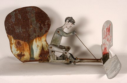 Peddling Whirligig.: c. 1920's. Cast aluminum and sheet metal. Missing one fan, and needs some restoration to be in working condition. 33" x 23"x 17". Provenance: The George and Sue Viener Collection. St. Louis origin. Es
