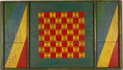 Anonymous. Game Board.: c. early 20th C. Paint on board. Crazing and wood splitting, otherwise good condition. 32" w x 18"h. Provenance: The George and Sue Viene Collection. Est. $200-400. Ship: $45