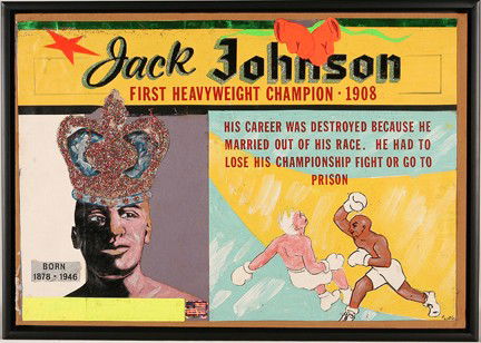 Mr. Ed Welch. Jack Johnson.: Mr. Ed Welch. Jack Johnson 1st Heavyweight Champion, 1908. Mixed media on cardboard. Signed. Excellent condition. 33" w x 23"h with frame. Exhibited at one-man show at Ricco-Maresca Galley, NY. Est. $