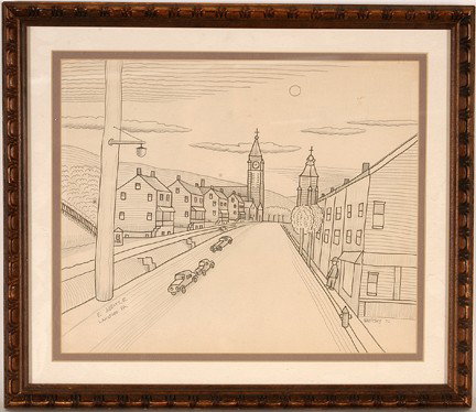 Jack Savitsky. E. Abbott St. Lansford, PA.: 1972. Graphite and marker on paper. Signed, titled and dated. Excellent condition. Image, 17" w x 14"h. Frame, 22" w x 19"h. Prov.: Florida Folk Art Museum. Est. $300-500. Ship: $35