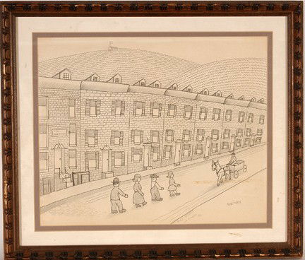 Jack Savitsky. Race Street Jim Thorpe, PA.: Graphite and marker on paper. Signed and titled. Excellent condition. Image is 17" w x 14"h. Frame is 22"w x 19" h. Prov.: Florida Folk Art Museum. Est. $300-500. Ship: $35