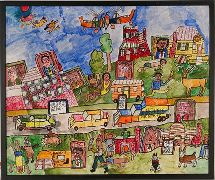 Robert E. Smith. Icon Town.: 1992. Mixed media on posterboard. Signed and dated. Excellent condition. 31" w x 26"h with frame. Est. $300-500. Ship: $65