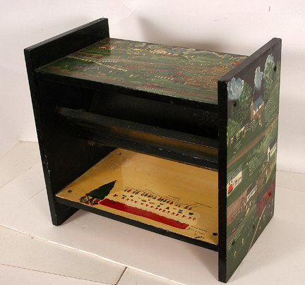 Jessie Cooper. We Are Blessed Bookshelf.: 1991. Paint on wooden shelf or nightstand. Nicely painted with lots of script. Tons of details. Signed and dated. Excellent condition. 20" w x 12"h x 19"h. Est. $500-800. Ship: $100