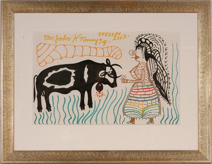 John H. Toney. Black Bull w Woman.: 2003. Marker and paint on paper. Signed and dated. Excellent condition. Image is 22" w x 14"h. Frame is 31" w x 24"h. Provenance: The George and Sue Viener Collection. Est. $100-200. Ship: $55