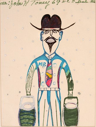 John H. Toney. Man w 2 Buckets.: Marker, paint and ink on paper. Signed. Excellent condition. 10" w x 13"h . Provenance: The George and Sue Viener Collection. Est. $50-75. Ship: $35