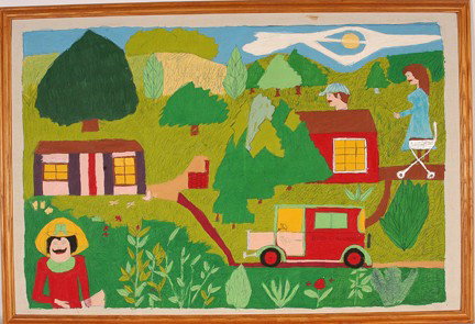 Floretta Warfel. Bug Catcher.: Mixed media on bedsheet. Initialed. Excellent condition. 38" w x 26" h. Provenance: The George and Sue Viener Collection. Est. $300-500. Ship: $65