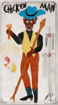 Alan St. James Boudreaux. Chicken Man.: Paint on tin pan. Great condition. Signed. 19.5" w x 35.5"h. Provenance: The Lois Zetter Collection. Est. $100-200. Ship: $55