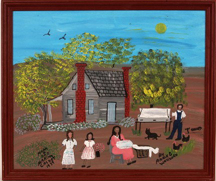 Annie Wellborn. Mom & Dad Making A Casket.: Signed. Paint on board. Artist notes on verso. 26" x 22" h with frame. Excellent condition. Est. $200-300. Ship: $45