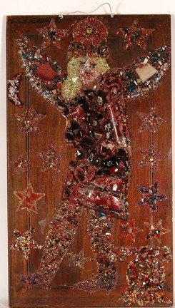 Baltimore Glassman. Santa Claus.: Large chunks of glass, glitter and mixed media on cabinet door. Not signed. Some missing and loose glass, otherwise good condition. 19" w x 33"h. Provenance: The George and Sue Viener Collection. Est.